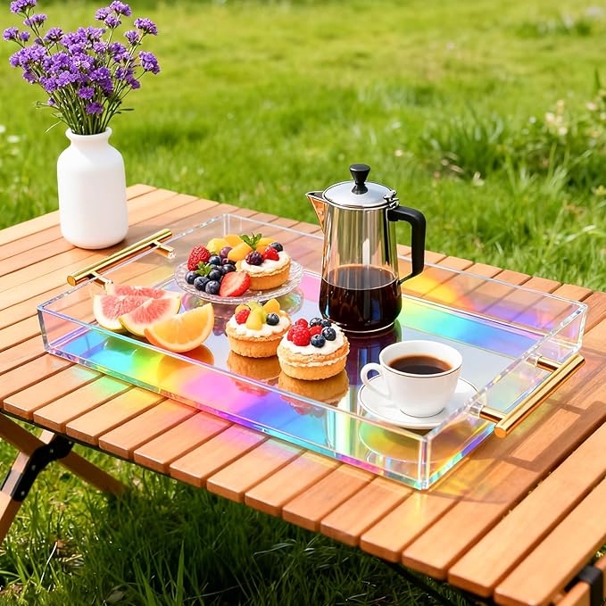 Acrylic Serving Tray with Handles Large Ottoman Food Decorative Tray for Coffee Table Tea Fruit Snack Kitchen Bar Platter, 17x13’’, Iridescent Rainbow