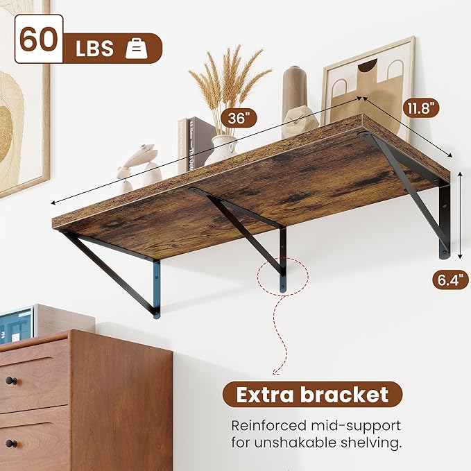 Deep Wall Shelves 36"W x 12"D Engineered Wood Floating Shelves for Wall, Sturdy Metal Bracket Bookshelves Home Decor Storage for Living Room Bedroom Bathroom Kitchen, Set of 2, Rustic Brown Finish