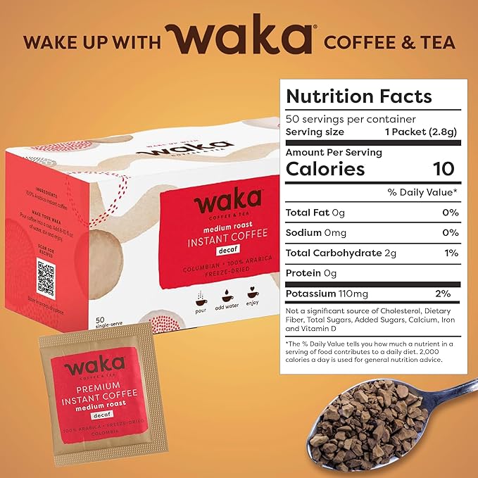 Waka Decaf Premium Instant Coffee — 100% Colombian Arabica Freeze Dried Beans — For Hot or Iced Coffee (Single-Serve, 50 ct)