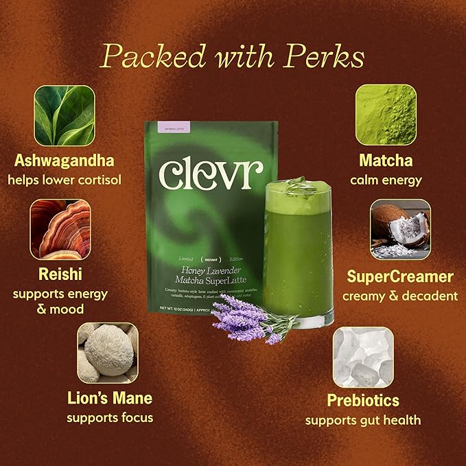 Clevr Organic Honey Lavender Matcha SuperLatte, Instant Ceremonial Grade, Superfood Powder Blend, Oat Milk, Lion Mane, Reishi Mushroom, Coconut Cream, Ashwagandha, Serve Hot or Iced (14 Lattes)