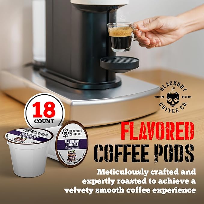 Blackout Coffee Blueberry Crumble Flavored Coffee Pods – Medium Roast, Smooth Taste, Guilt-Free Indulgence – Freshly Roasted 18 Count