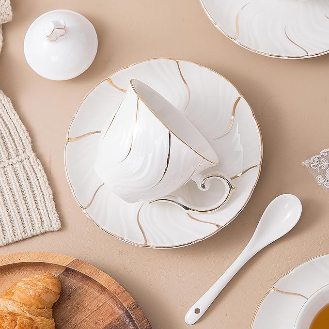 Tea Set 21-Piece Porcelain tea cups and saucers set of 6 with Sugar and Creamer Set & Teapot,teapot set for Adults, Women Tea Party,White
