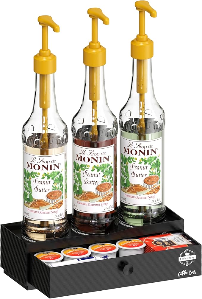 2-Tier Coffee Syrup Organizer Rack with Drawer, No Assembly Required, Compact Stand for Torani & Monin Bottles, Dirty Soda Bar Supplies, Space-Saving for Small Countertop