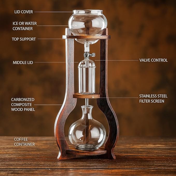 Nispira Iced Coffee Cold Brew Drip Tower Coffee Maker, 6–8 Cup Manual Cold Brew Brewer with Adjustable Valve, Wooden Frame & Glassware, Slow Cold Extraction System