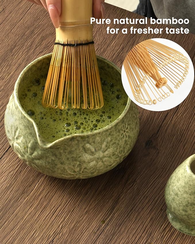 Matcha Whisk Set, Ceramic Matcha Kit Set Includes Matcha Bowl, Matcha Whisk and Holder, Bamboo Scoop, Scoop Rest, Sifter and Tea Towel - 7 Pcs Matcha Kit for Matcha Lovers(Green)