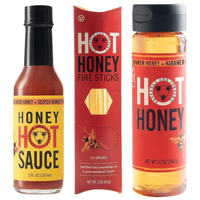 Savannah Bee Company Hot Honey Box Gift Set - Award-Winning Honey Collection - Includes Hot Honey, Sauce, and Fire Sticks - Perfect Gourmet Gift for Spice Lovers