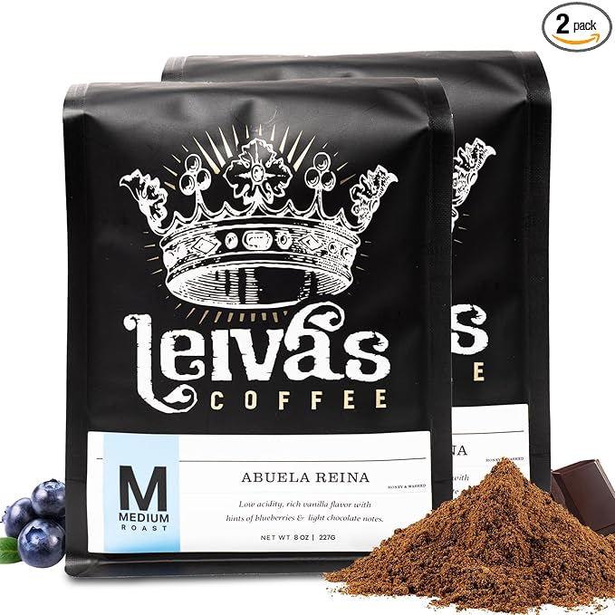 Leiva’s Medium Roast Ground Coffee - Roasted to Order, Single Origin Guatemalan Beans - Abuela Reina Coffee Grounds w/Vanilla, Blueberries & Chocolate Notes - Nutty, Earthy Low Acidity Roast (2 Pack)