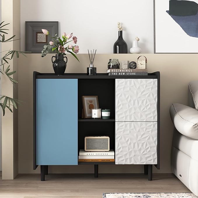 35" Small Sideboard Storage Cabinet with Storage, Storage Cabinet with Adjustable Shelf, 2 Drawers, 1 Blue Door, Modern Coffee Bar Cabinet for Dining Room, Living Room