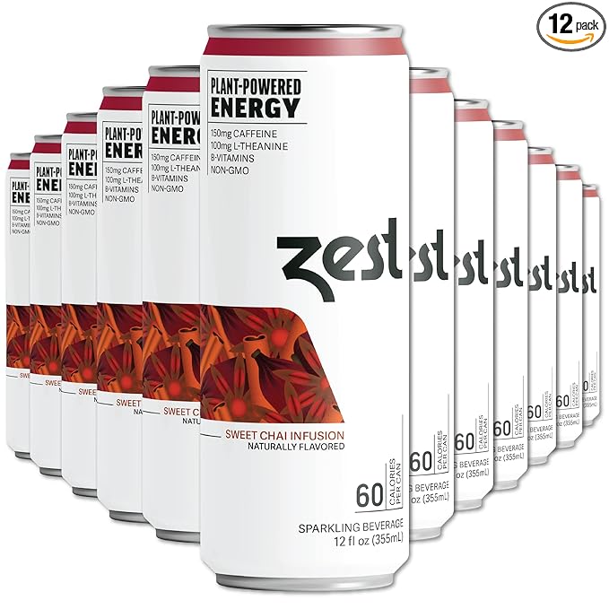 Zest Clean Energy Drink – Sweet Chai Infusion – 150mg Caffeine + 100mg L-Theanine – Natural Focus & Concentration Boost – Healthy Energy Drink 12oz Can 12 Pack – Low Sugar, No Artificial Sweeteners