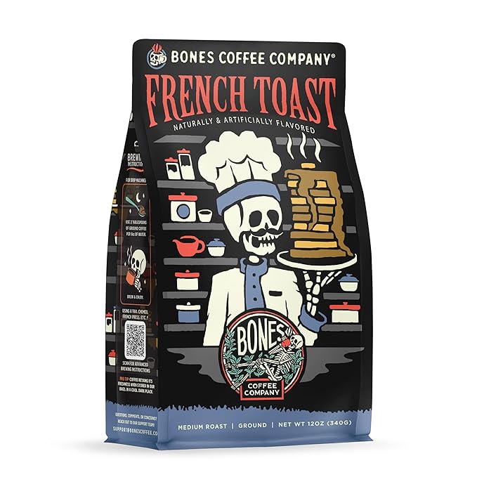 Bones Coffee Company French Toast, Sweet and Buttery Flavored Coffee, Medium Roast Low Acid Arabica Beans Compatible with Auto drip and French Press Coffee Maker, 12 Oz Ground