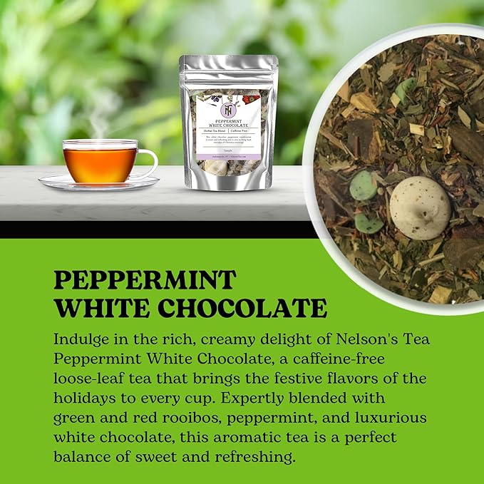Nelson's Tea - Peppermint White Chocolate - Caffeine Free - Loose Leaf Tea with Green & Red Rooibos - White Chocolate Peppermint Tea (Sample 0.4 Oz)