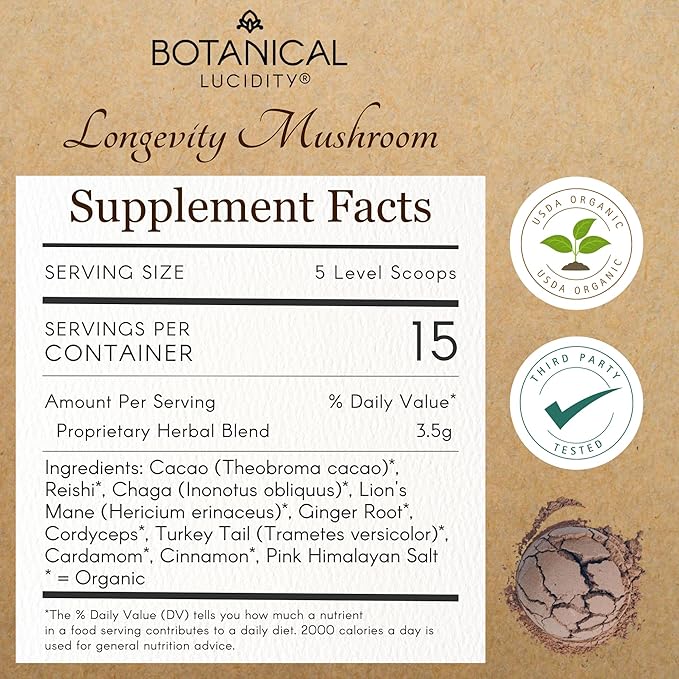 Botanical Lucidity Reishi Mushroom Tea Blend Stocking Stuffers 1.84Oz | Herbal Drink with Reishi, Chaga, Cordyceps, Lion’s Mane, Turkey Tail | Herbal Tea with Cacao for Focus Serve hot, Iced