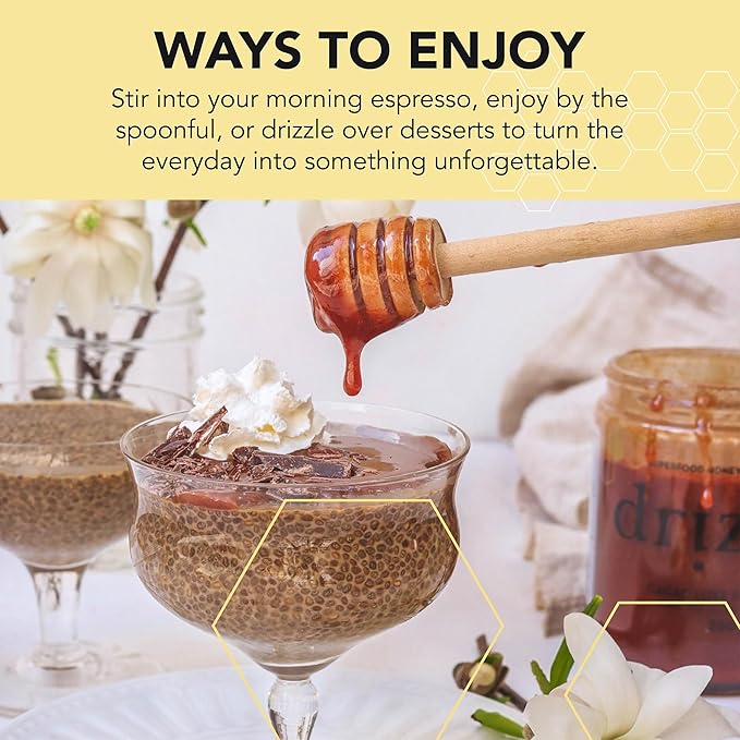 Drizzle Cacao Luxe Raw Honey - All Natural Pure Raw Honey with Organic Cacao, Unfiltered & Unheated, Use in Tea & Coffee, Sugar Substitute, Certified Kosher - 13.2 oz Jar (375 g)