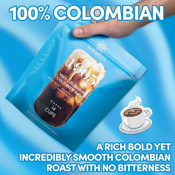 Sarasota Coffee 1905 Cold Brew Coffee Bags | 100% Colombian Dark French Roast | Rich & Smooth | Low Acid Ground Filter Packs | Cold Brew Kit Makes 14 Cups | Bold Luxe Roast Flavor