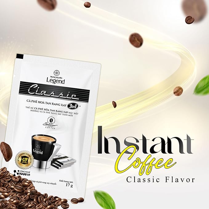 TRUNG NGUYEN LEGEND CLASSIC Premium Instant Coffee for Energy Boost by NANO+ Technology, Non-Dairy Creamer, Coffee Mix - Strong and Pure Vietnamese Instant Coffee (50 Packets/Bag)