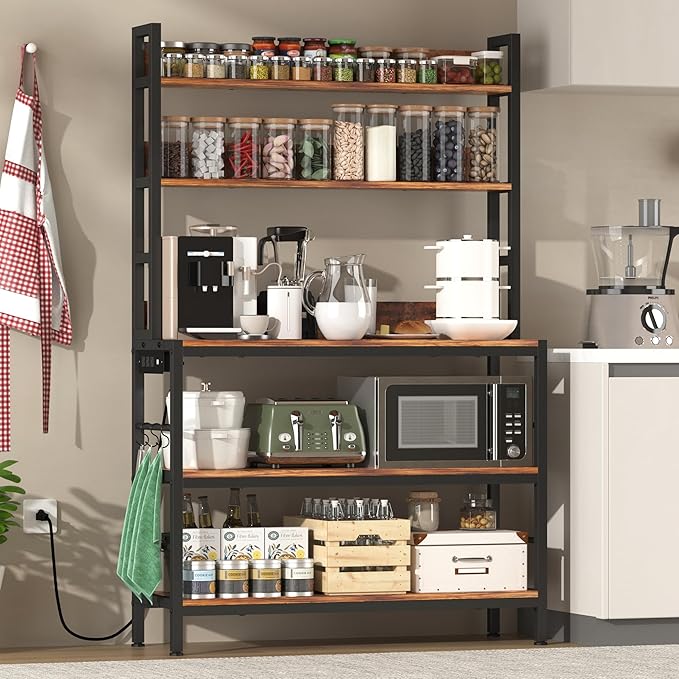 Kitchen Baker’s Rack with Power Outlet, 5-Tier Free Standing Storage Shelf Rack with Hooks, Kitchen Shelves with Storage,Industrial Microwave Stand Shelf for Dining Room,Coffee Bar for Spaces