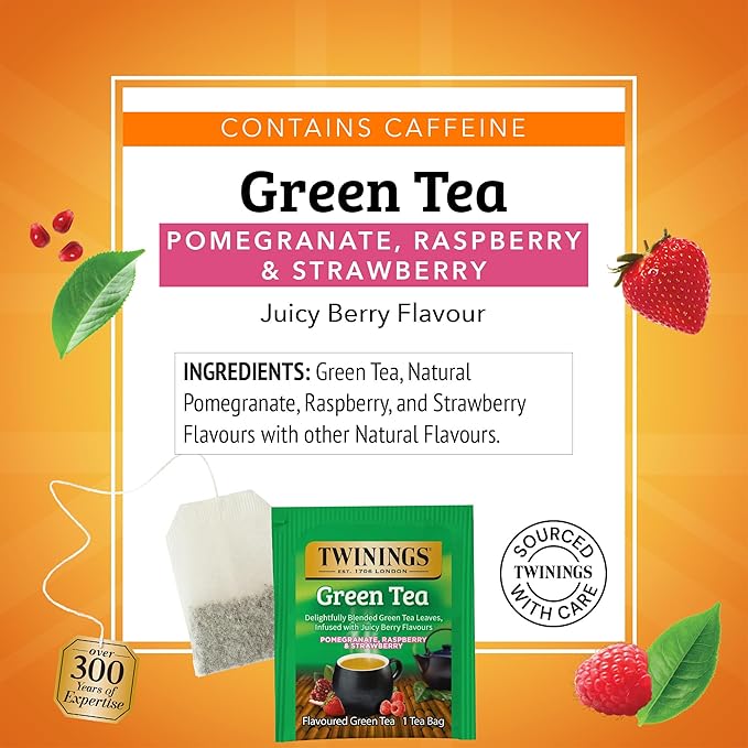 Twinings Green Tea with Pomegranate, Raspberry, & Strawberry Individually Wrapped Bags, 20 Count (Pack of 1), Caffeinated, Enjoy Hot or Iced, 20 Teabags