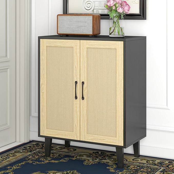 Panana Buffet Cabinet Sideboard with Rattan Decorated Doors Kitchen Storage Cupboard Accent Cabinet (Black)