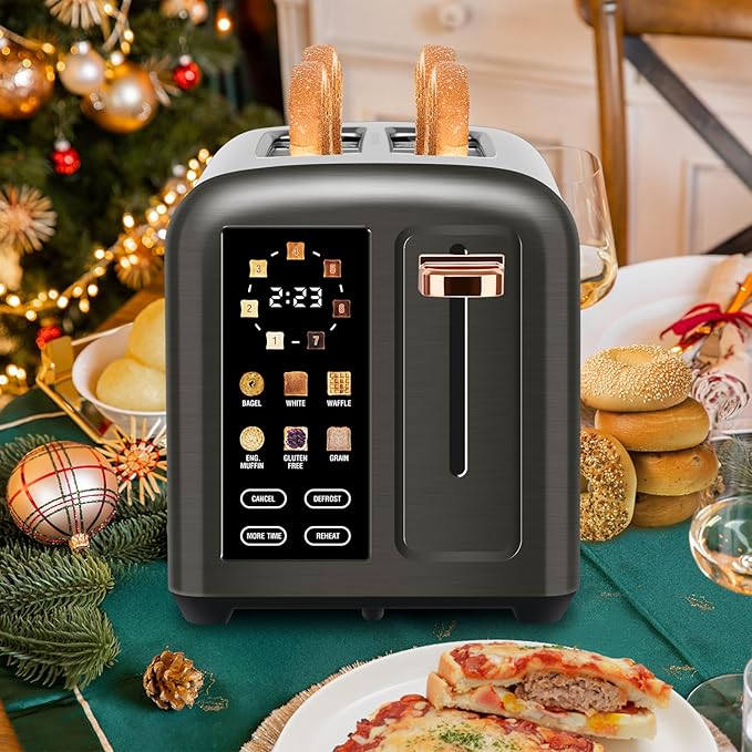 SEEDEEM Toaster 2 Slice with Touch Screen, Faster Heating Speed, 7 Shade Setting, 6 Bread Type, 1.5”Wide Slots Toaster, Removable Crumb Tray, 1350W, Dark Metallic