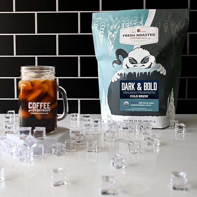 Fresh Roasted Coffee, Organic Dark & Bold Frostbite Cold Brew Coffee Filter Packs | USDA Organic, Kosher | Dark Roast, 12 Count, 24 oz