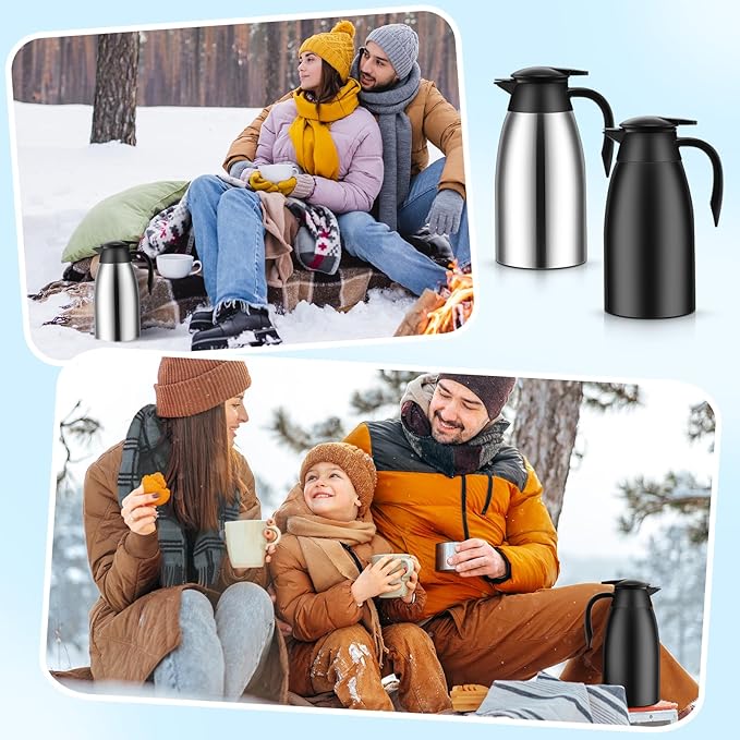 2 Pcs 51 oz Thermal Coffee Carafe for Keeping Hot Insulated Stainless Steel Vacuum Thermal Pot Flask Double Walled Vacuum Coffee Carafe for Beverage Water Tea, 12 Hot 24 Hours Cold(Silver, Black)