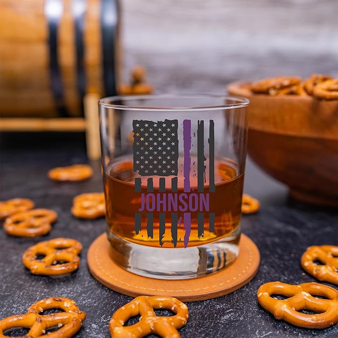 Blue Ridge Mountain Gifts - Thin Purple Line Whiskey Glass - Personalized Security Professional Glass, Security Officer Appreciation, Purple Line Merch, Custom Barware