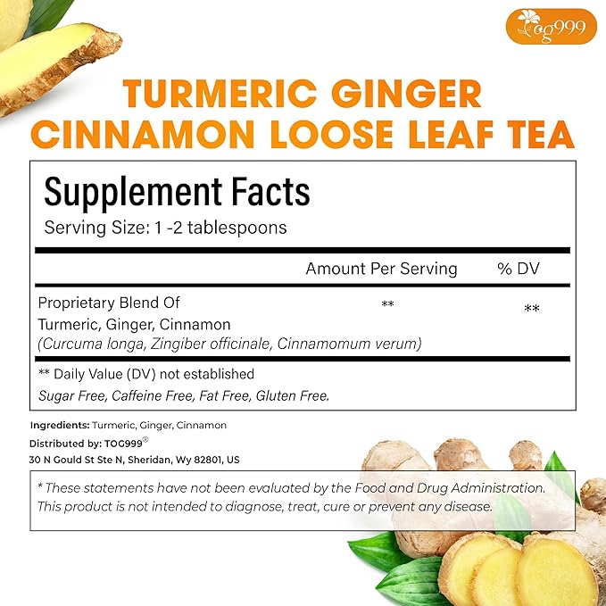 TOG999, Premium 6oz Ginger Turmeric Cinnamon Loose Leaf Herbal Tea - Premium Quality Spiced Herbal Blend – Caffeine-Free, Non-GMO, Natural Dried Roots and Bark. Vegan-Friendly.