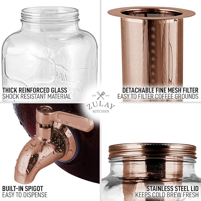 Zulay Kitchen 1 Gallon Cold Brew Coffee Maker - Large Iced Tea & Cold Brew Pitcher with Extra-Thick Glass & Stainless Steel Infuser - Drink & Beverage Dispenser Jar with Airtight Lid & Spout Rose Gold