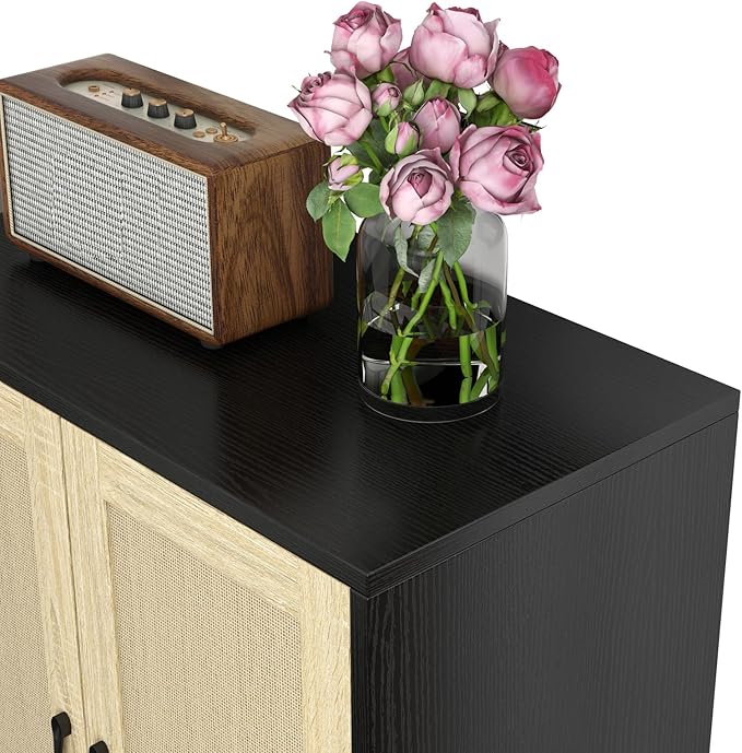 Panana Buffet Cabinet Sideboard with Rattan Decorated Doors Kitchen Storage Cupboard Accent Cabinet (Black)