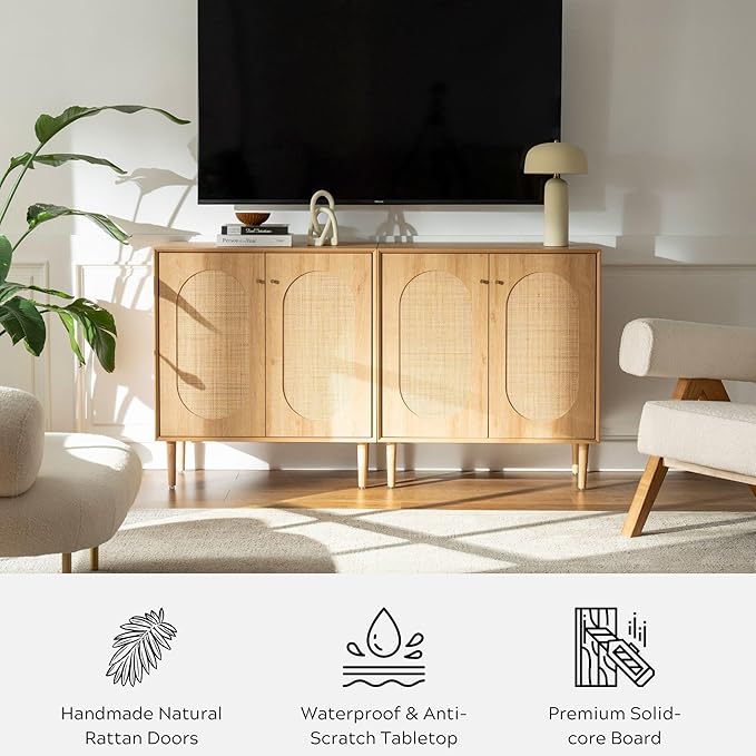 Rattan Storage Cabinets with Shelves, Narrow Cabinet with Storage, Sideboard Cabinet with Doors, Rattan Cabinets for Kitchen Dining Room Living Room, Natural Oak