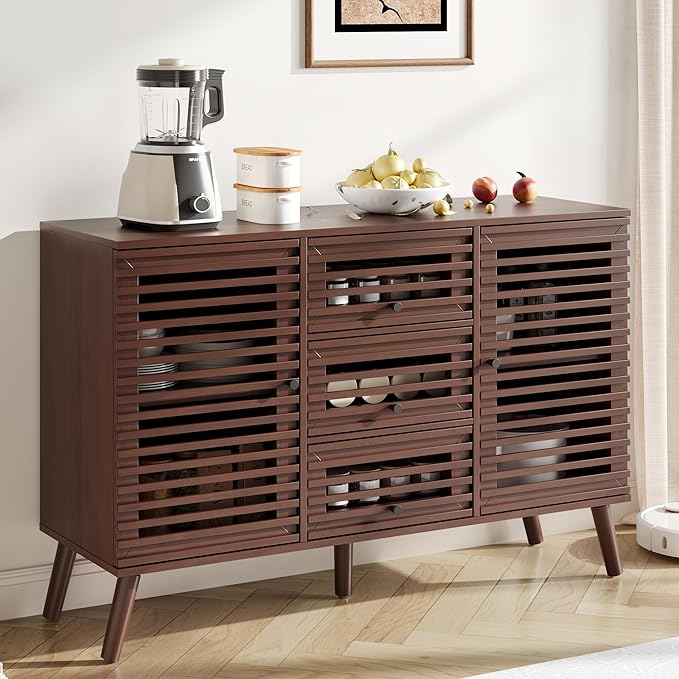 Buffet Cabinet with Slatted Doors, 47" W Sideboard Buffet with Drawers, Modern Mid Century Accent Storage Cabinet for Living Room, Entryway, Kitchen, Walnut