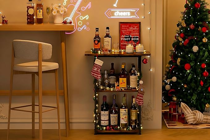 Floor Standing Freestanding Whiskey Rack: 3 Tier Wine Rack Mini Bar Table Corner Wine Bottle Display Stand Liquor Cabinet Bar, for Bottles,Cocktail Shaker,Mugs