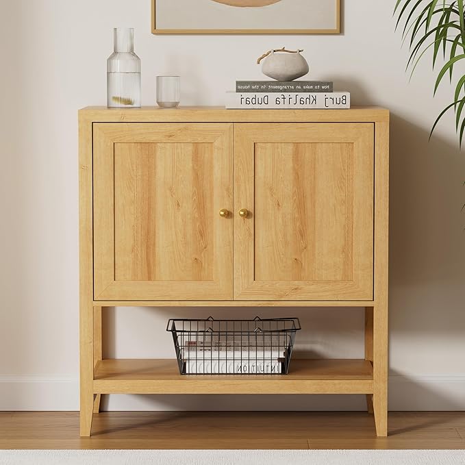 Farmhouse Buffet Cabinet with Open Shelf, Accent Storage Cabinets with Adjustable Shelves Credenza Coffee Bar Cabinet TV Stand for Living Dining Room Kitchen Entryway, Natural Oak