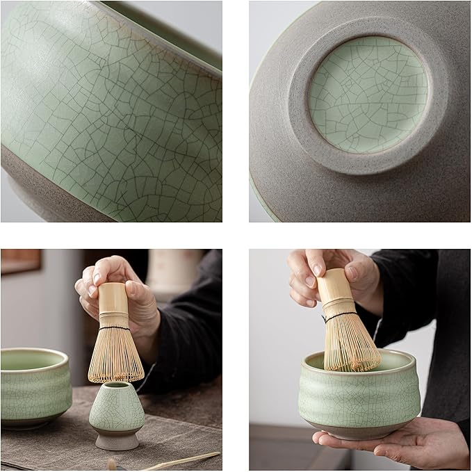 TEANAGOO Matcha Whisk Set Green, 7 Pcs Matcha Set, Matcha Kit for Ceremony, Matcha Tea Set for Making Breakfast/Latte,Whisk Set and Ceramic Bowl with All Accessories, Gift for Family/Friend
