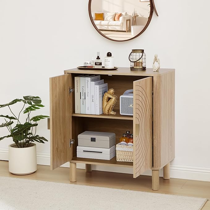 Sideboard Buffet Cabinet, Kitchen Sideboard Cabinet with 2 Doors and Adjustable Shelf, Wood Coffee Bar Console Table for Living Room, Dining Room, Hallway (Natural)