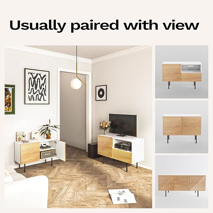 roomfitters Boho Sidboard Buffet Cabinet, Mid Century Accent Cabinet with Doors, Poplar Wood Print Carved and Geometric Design, Media Console for Living Room
