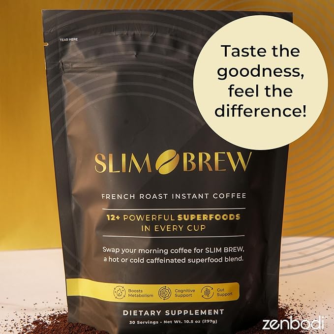 zenbodi Slim Brew French Roast Instant Coffee - 10.5 oz Superfood Coffee, Dietary Supplement, 12 Superfoods Including Maca Root, Panax Ginseng Extract, Turmeric Root, Kale Leaf, and More, 30 Servings
