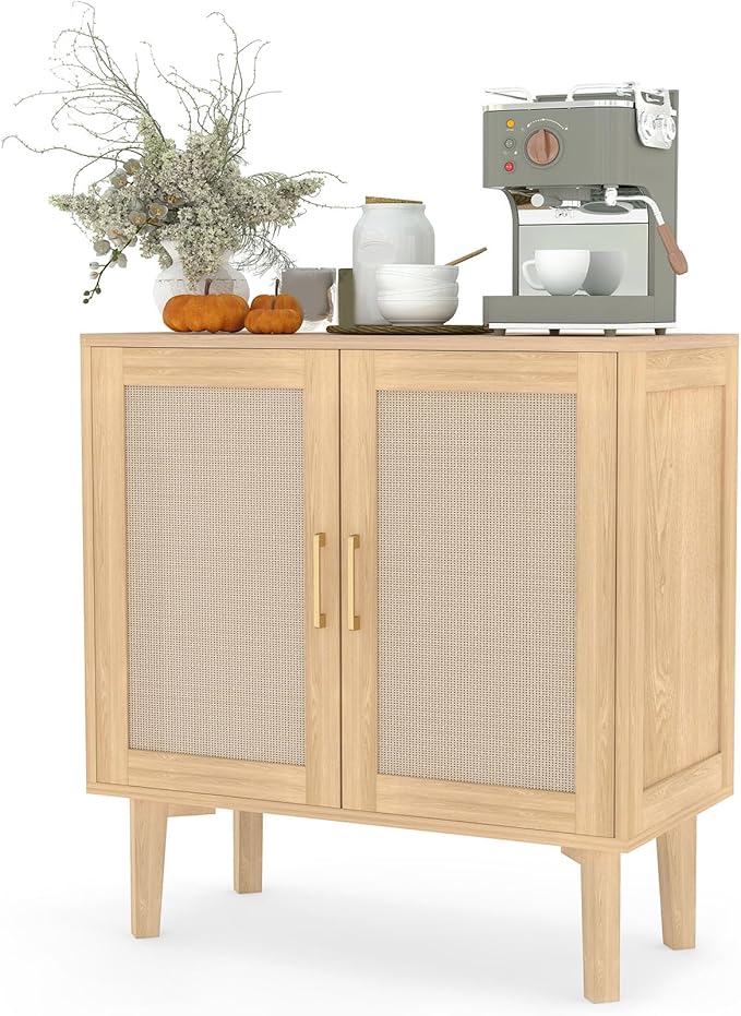Bigroof Rattan Cabinet, Modern Accent Buffet Cabinet with Magnetic Doors, Sideboard Buffet for Hallway, Entryway, Living Room, or Kitchen (Natural)