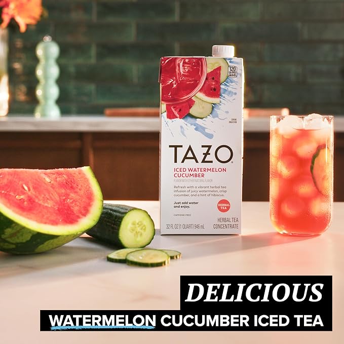 TAZO Tea Concentrate, Organic Skinny Chai Latte, Refreshers Iced Watermelon Cucumber, & Iced Peach Mango 32 Fl Oz (1ea) (Variety Pack)