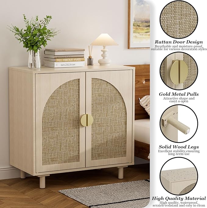 Small Buffet Cabinet with Storage, Credenza Cabinet with Rattan Decorated Doors, Magnetic Latch, Adjustable Shelf, 29.8x15.7x31.5 inches, Natural