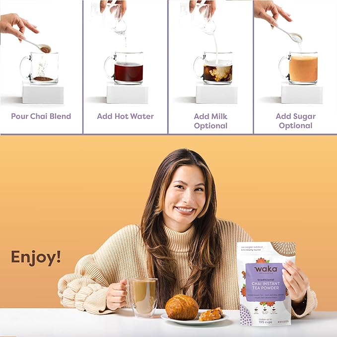 Waka Traditional Chai Tea Powder Mix - Chai Tea Concentrate Sugar Free, Pure Leaves from India, Natural Spices, Unsweetened, No Additives (4.5oz Pouch, 195 Servings)