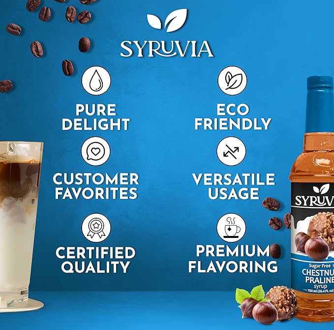 Syruvia Sugar Free Coffee Syrup, Chestnut Praline Flavored Syrup for Drinks, Lattes, and Desserts – 25.4 fl oz, With Pump