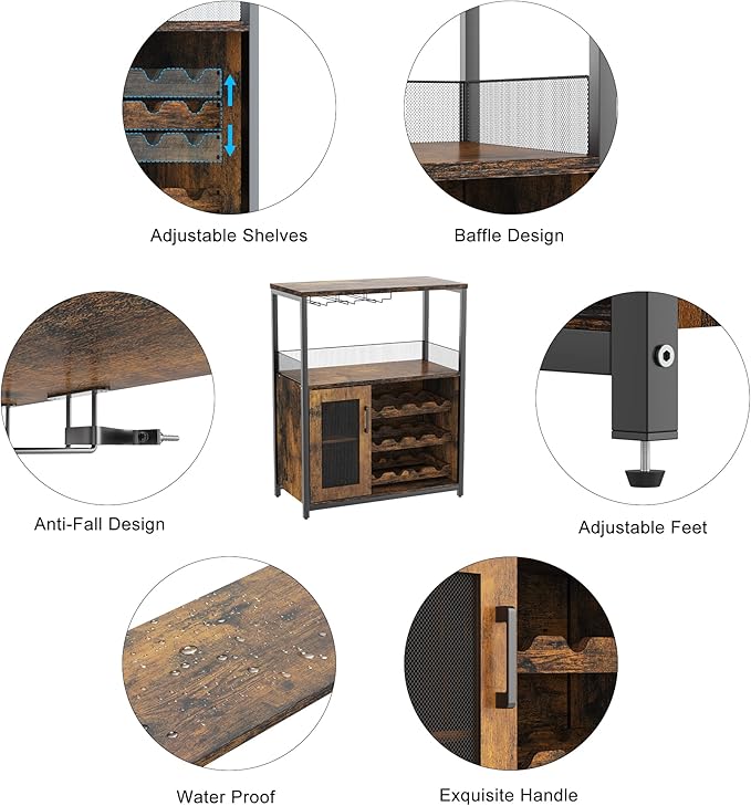 GarveeHome 3-Tier Wine Bar Cabinet with Detachable Wine Rack, Liquor Cabinet with Storage, Coffee Bar Cabinet with Glass Holder & Mesh Door, Sideboard Buffet Bar for Living Room, Dining Room, Brown