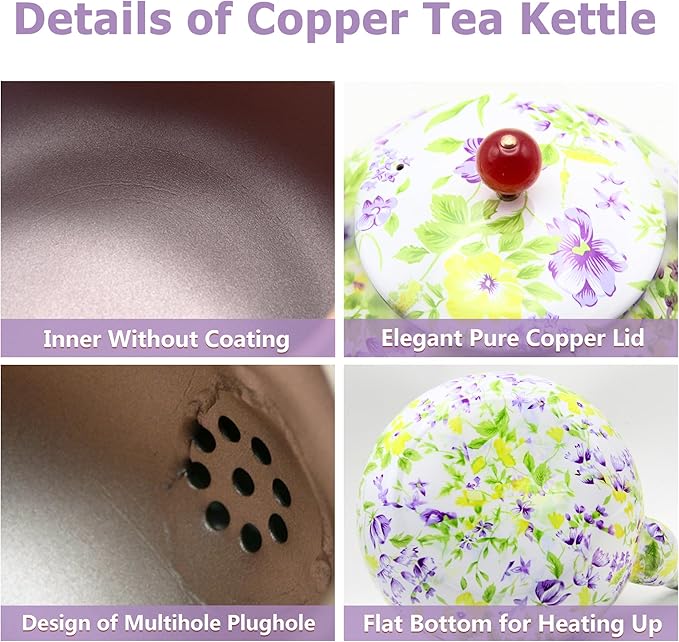 True Pure Copper Tea Kettle For Stovetop Safe, 47.3oz Non-Coating Copper Teapot with Tea Ball For Loose Leaf, Elegant Flower Pattern Kettle, Exquisite Tea Set Gift (1400ml)