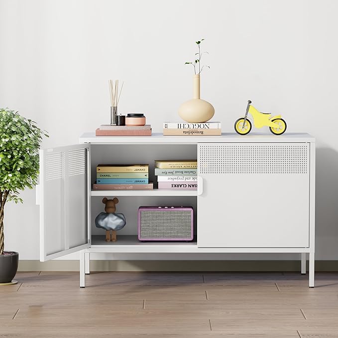 Metal Storage Cabinet with Doors,White Accent Cabinet,Metal Locker Storage Cabinets,2 Door TV Media Stand with Removable Shelves for,Home,Office,Entryway,Living Room