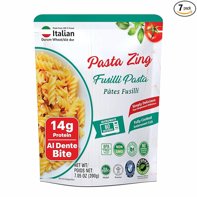 Pasta Zing Fusilli Pasta, Ready in 1 Minute, Perfect Al Dente Bite, 14g Protein & 4g Fiber, Naturally Cooked, Zero Sodium, Non-GMO, 7.05oz Pack of 7