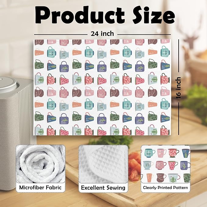 Modern Coffee Mugs Kitchen Dish Towels, Tea Lovers Gifts for Women Girls, Colorful Cute Cartoon Teacups Coffee Mugs Cups Hand Towels Kitchen Tea Towels Decorations, 16x24inch