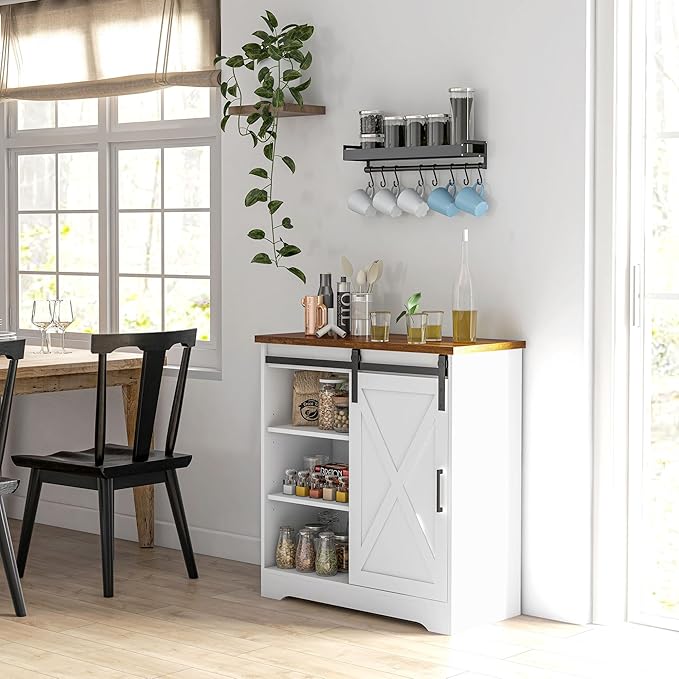 HOMCOM Farmhouse Coffee Bar Cabinet, 33" Buffet Sideboard with Sliding Barn Door and Adjustable Shelf, Kitchen Buffet Cabinet, White