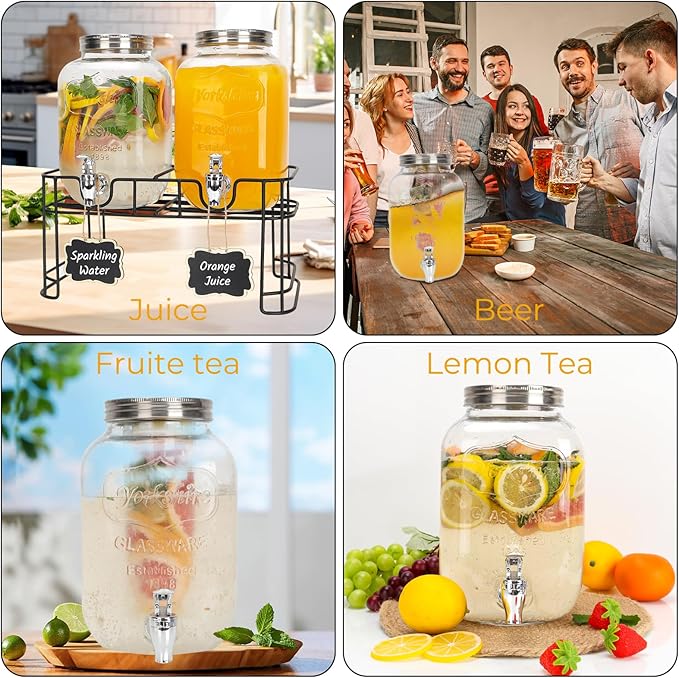 Glass Drink Dispensers For Parties, 2 PACK 1 Gallon Beverage Dispenser With Stand And Spigot Leak proof. Lemonade Dispenser With Ice Cylinder and Chalk board