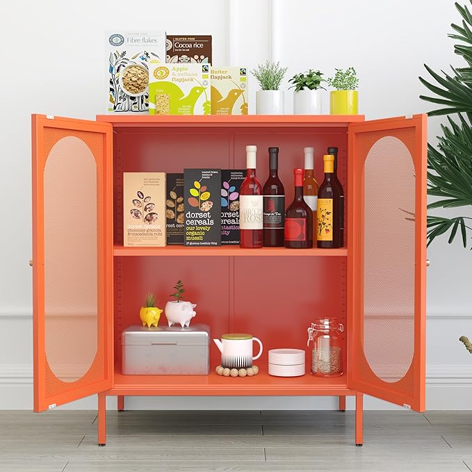 Small 2 Transparent Door Metal Storage Side Buffet Cabinet for Bed Room,Living Room,Entryway,Hallway,Home,Hotel,Office,Garage,Kitchen,1 Removable Shelf. (Mesh Door, Orange)
